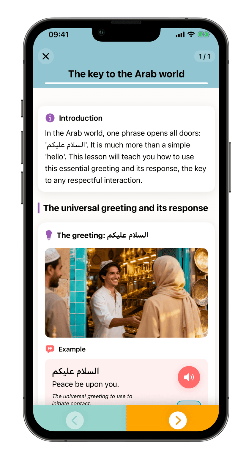 Kelmet app showing an Arabic MSA lesson