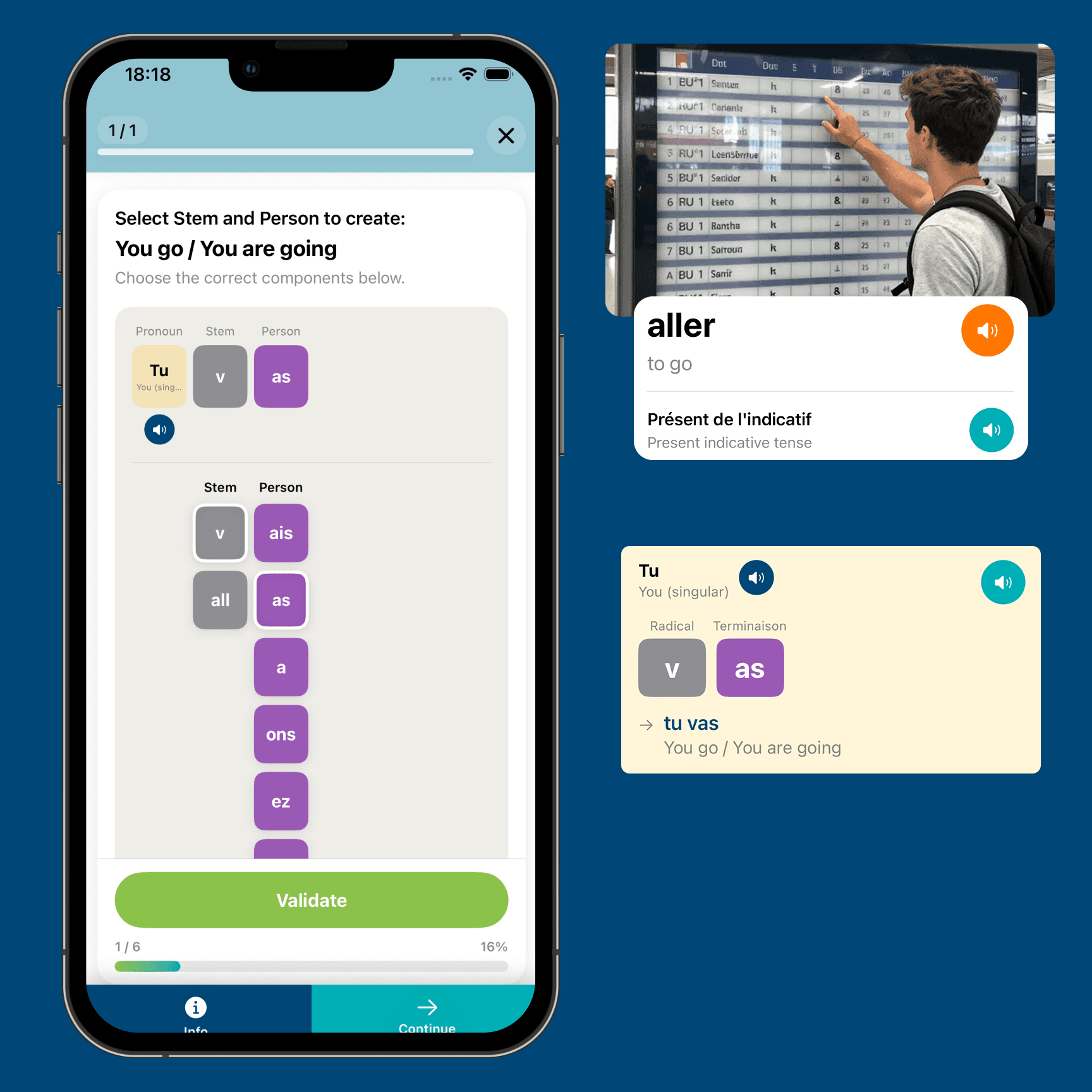 French conjugation exercise showing step-by-step verb construction