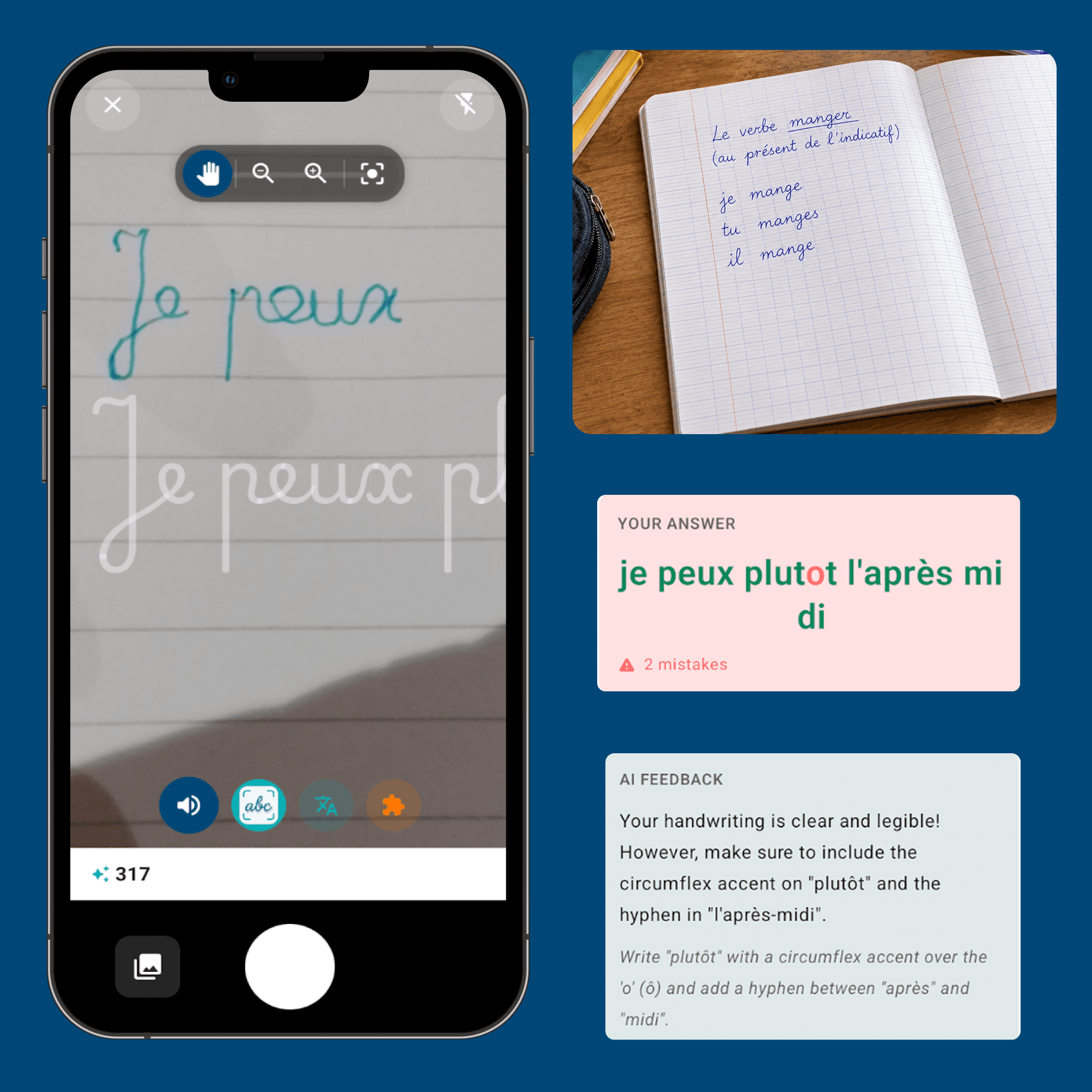 Cursive writing guide displayed over a notebook in the phone camera view