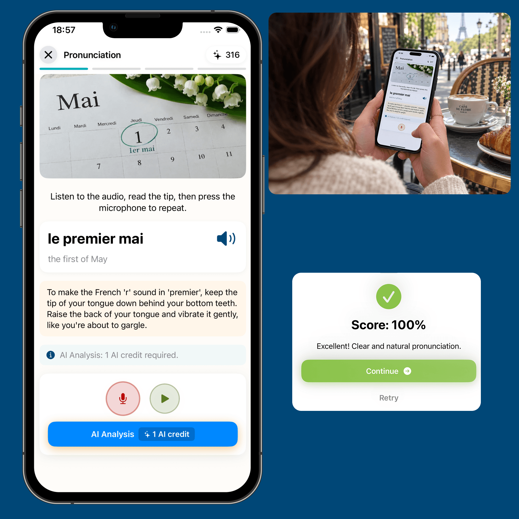 French pronunciation exercise with detailed feedback in Kelmet